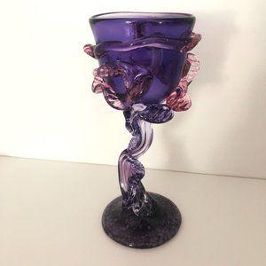 Hand Blown Candle Votive Holder 6" Tall Swirl Twist Purple & Pink Mythical EUC